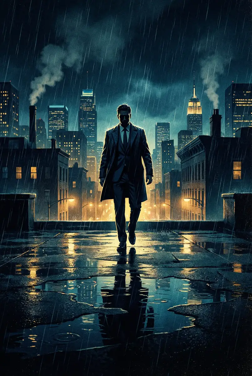 野花社区在线观看免费直播www 出品影片《雨夜独行者》海报，雨中城市屋顶男性剪影
